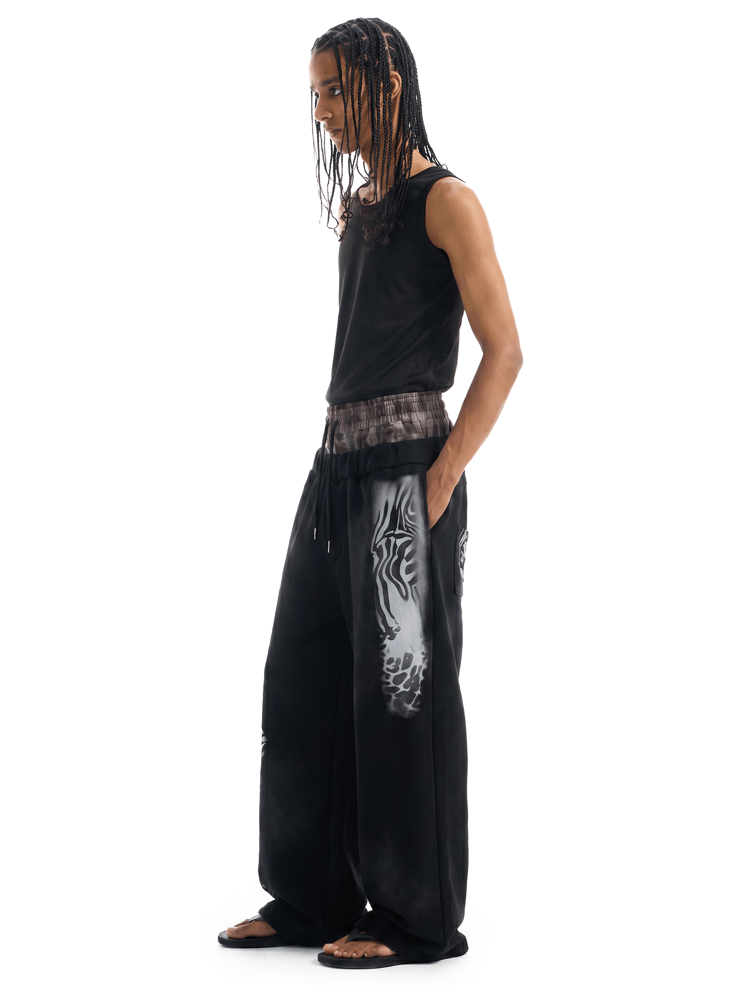 Grunge Leopard Layer Pants - Side Angle & Silhouette Detail - Oversized Baggy Fit | FDR Studios