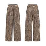 Studio product shot showing both the front and back views of the wide-leg leopard print trousers against a white background.