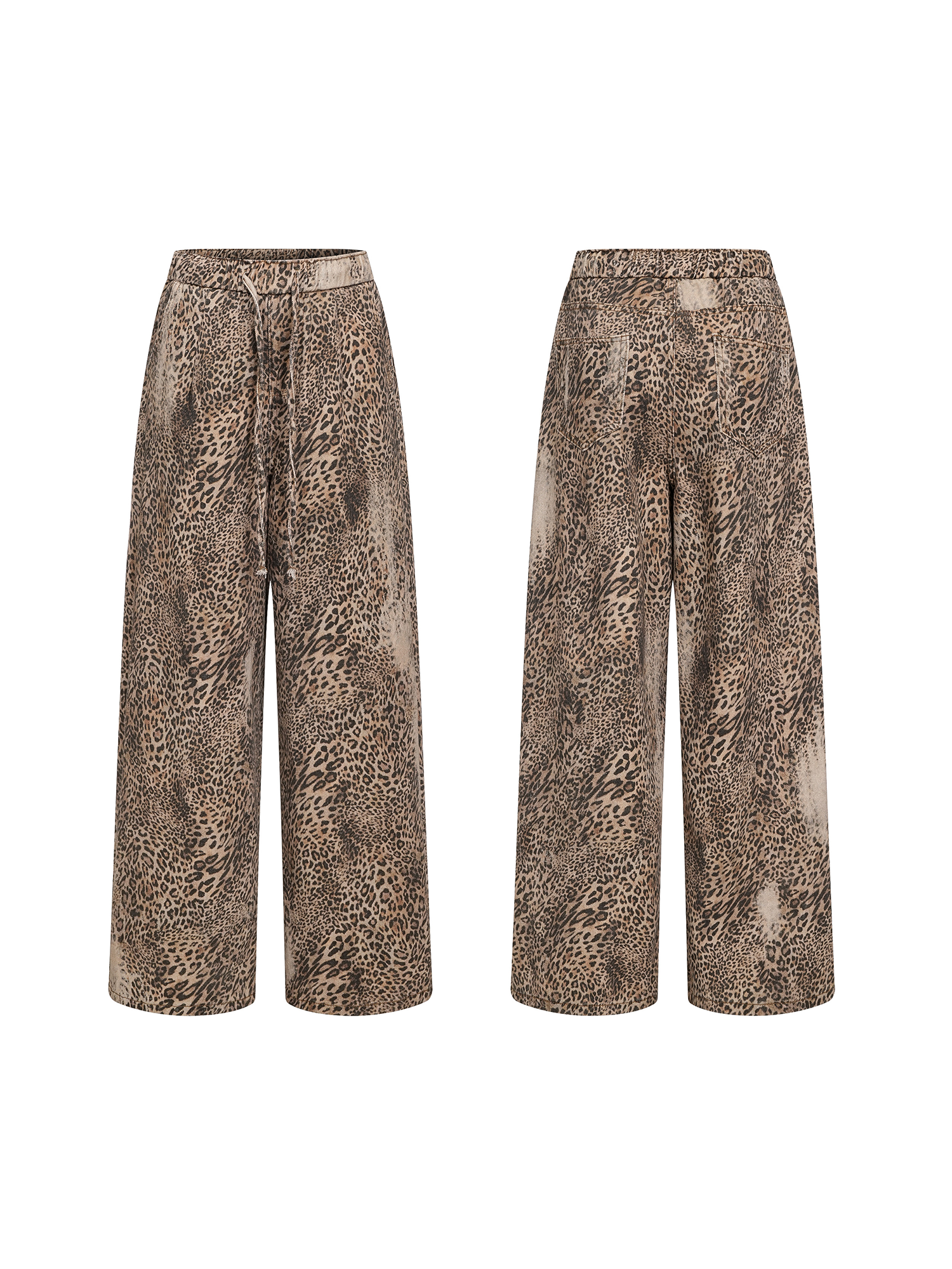Studio product shot showing both the front and back views of the wide-leg leopard print trousers against a white background.