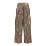 Front flat-lay view of the wide-leg leopard print trousers featuring a drawstring elastic waistband.