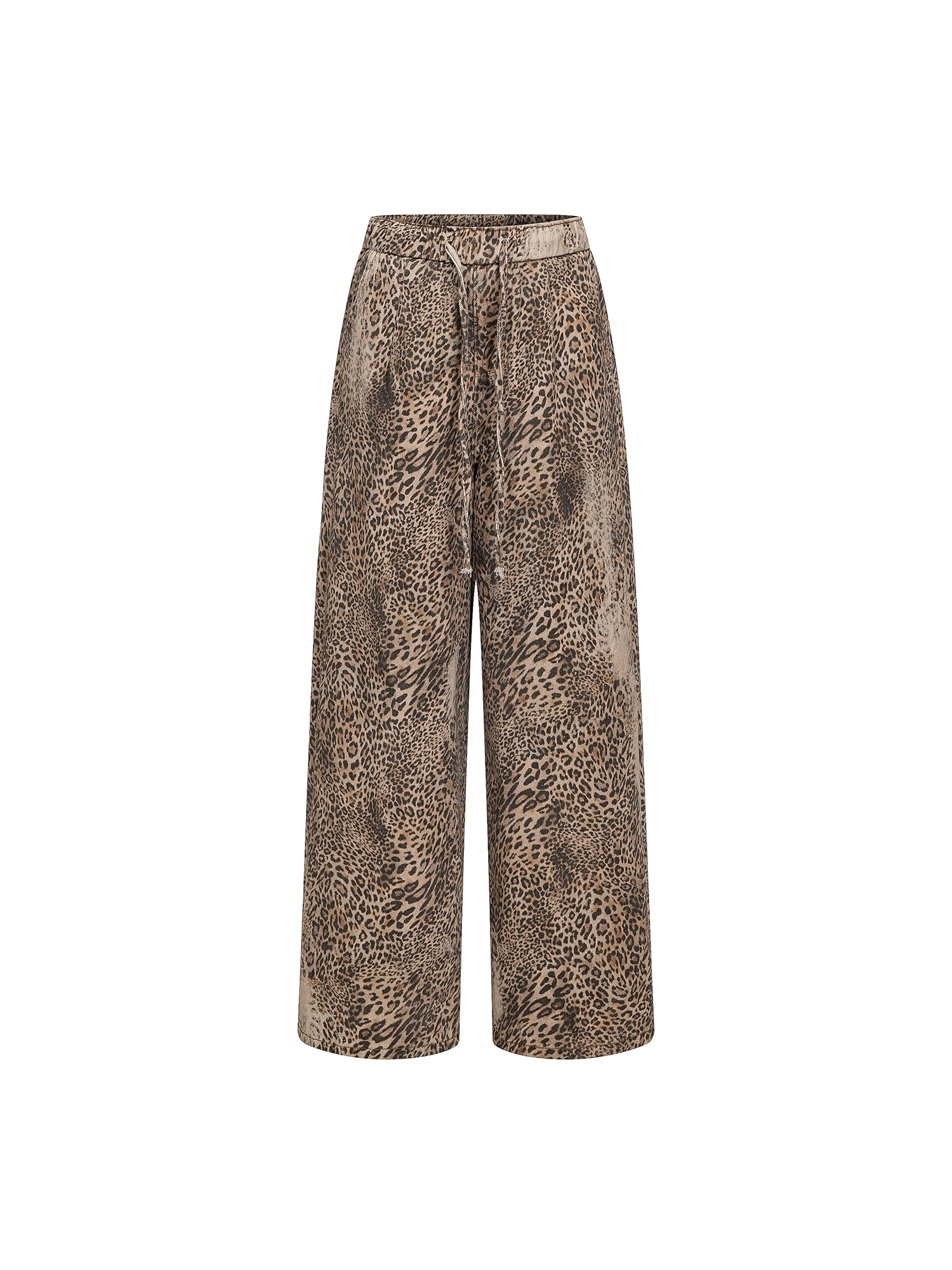 Front flat-lay view of the wide-leg leopard print trousers featuring a drawstring elastic waistband.