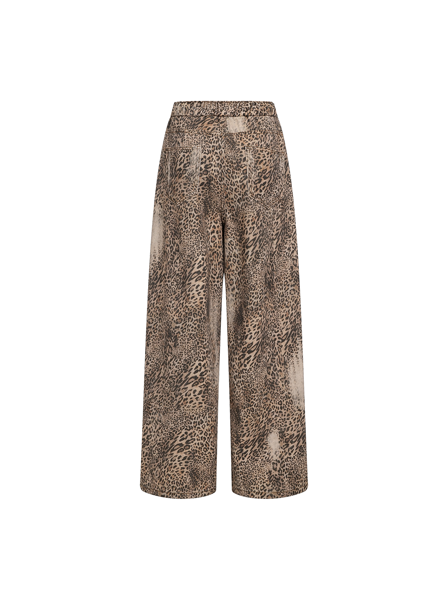 Back flat-lay view of the leopard print trousers showing the pocket placement and relaxed construction.