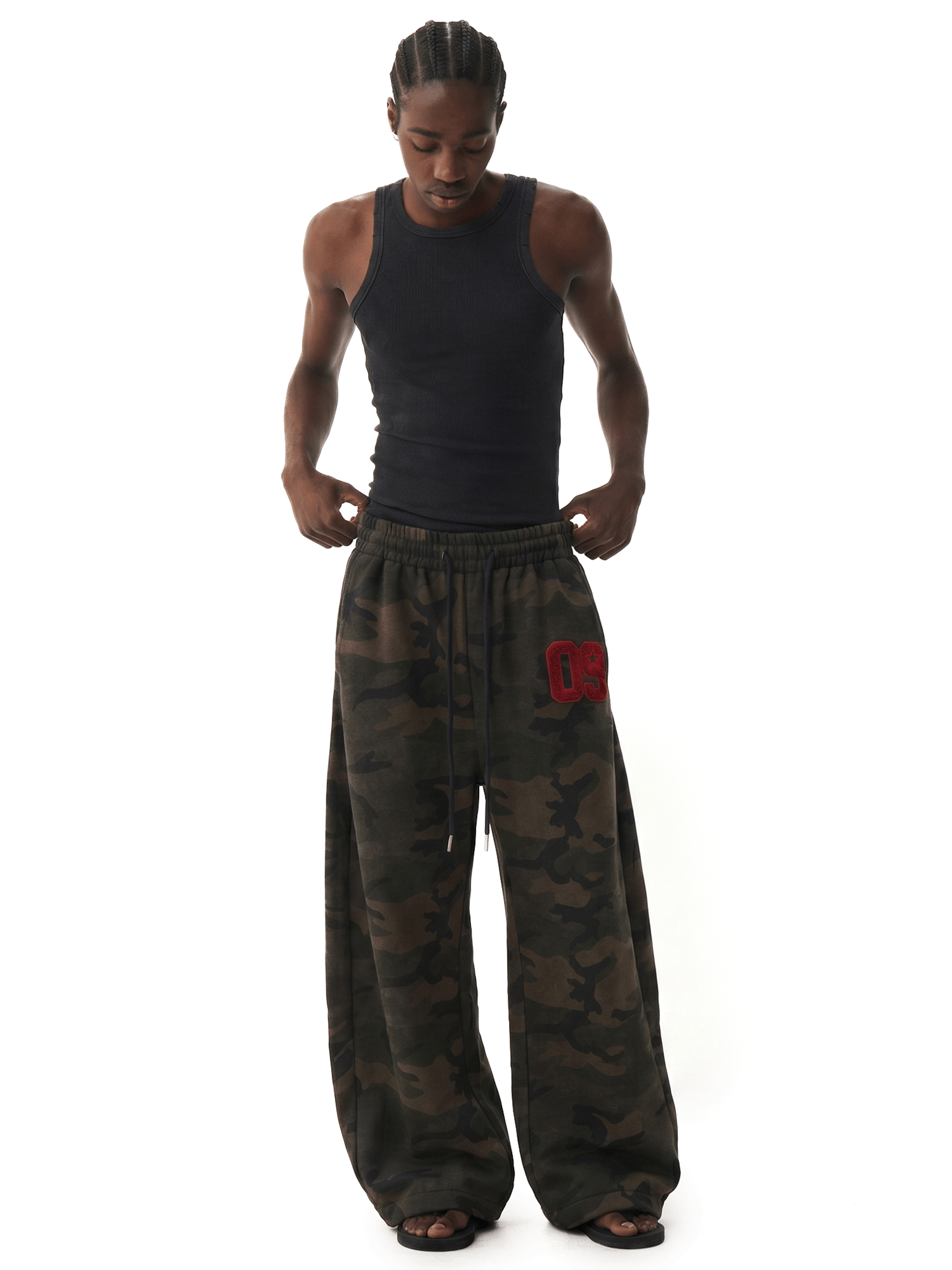 Heavyweight Camo Baggy Pants - Side Angle & Silhouette Detail - Oversized Baggy Fit | FDR Studios