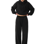 Black boxy big hood cropped hoodie for women, cyber Y2K high-street streetwear style, front view.