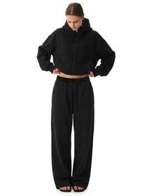 Black boxy big hood cropped hoodie for women, cyber Y2K high-street streetwear style, front view.