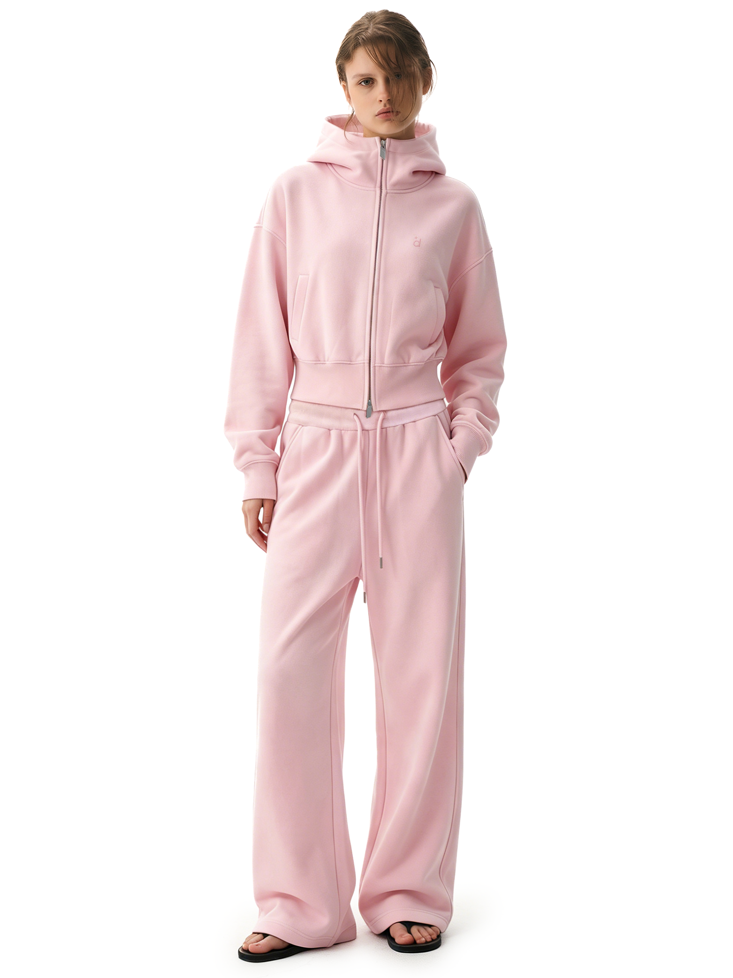 Boxy silhouette cropped hoodie in pink, sustainable heavy-duty fleece streetwear by FDR Studios.