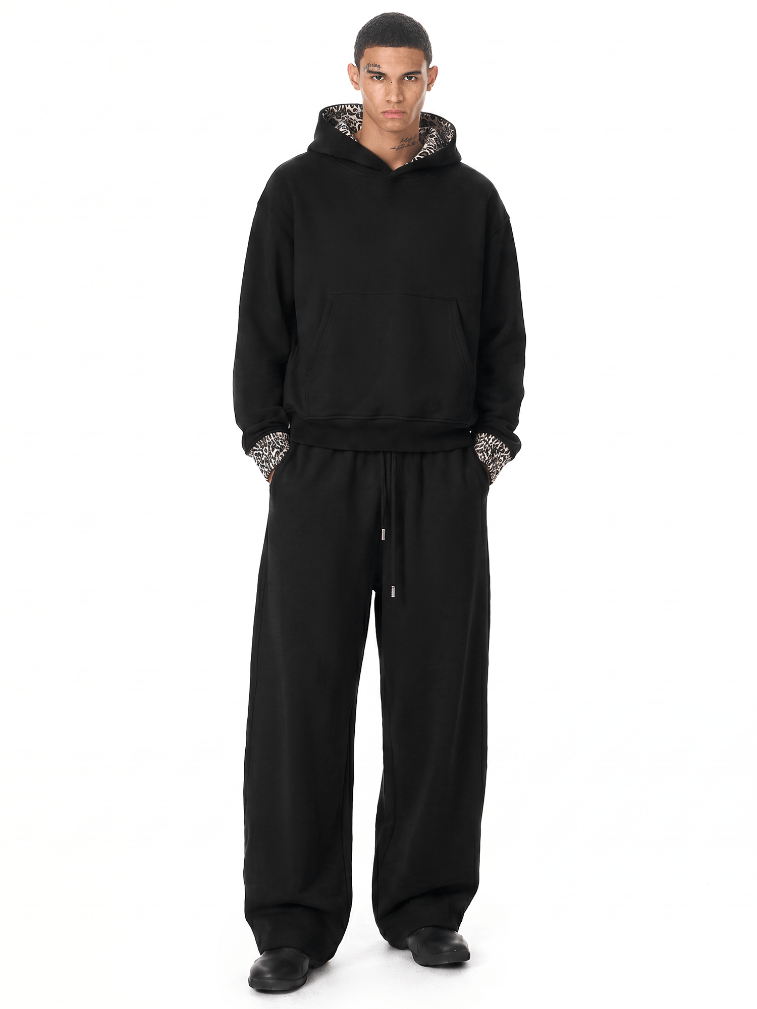 cyber polka dot oversized 2 way zip hoodie and extreme baggy patchwork pants set in industrial stark black