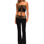 FDR women's velvet leopard print matching set: full-body front view of the bow top and flared pants.