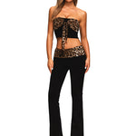 FDR 2-piece set: detailed front view of the leopard print bandeau and high-waisted flared pants.
