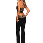 FDR velvet leopard print outfit: three-quarter back view showing the fit of the flared pants.