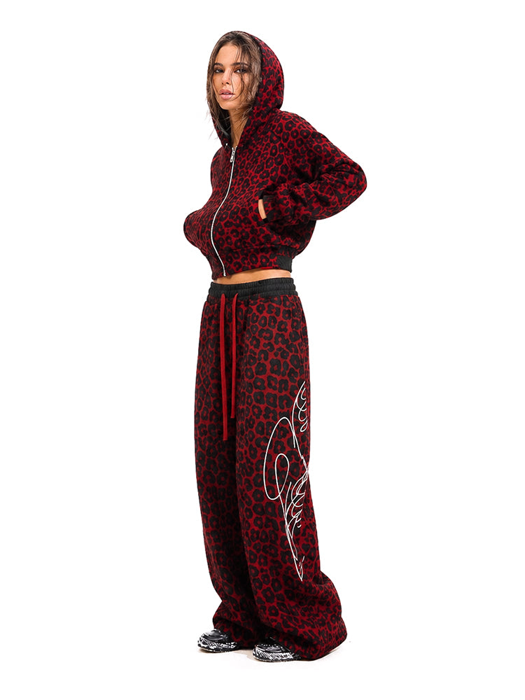 Cyber Y2K red leopard print matching set with oversized hoodie and wide-leg trousers