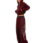 Cyber Y2K red leopard print matching set with oversized hoodie and wide-leg trousers
