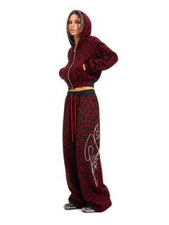 Cyber Y2K red leopard print matching set with oversized hoodie and wide-leg trousers
