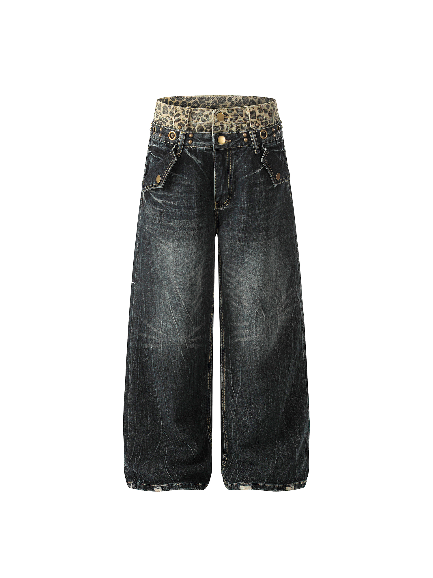 Front product shot of dark wash charcoal baggy jeans with an elasticated leopard print waistband.