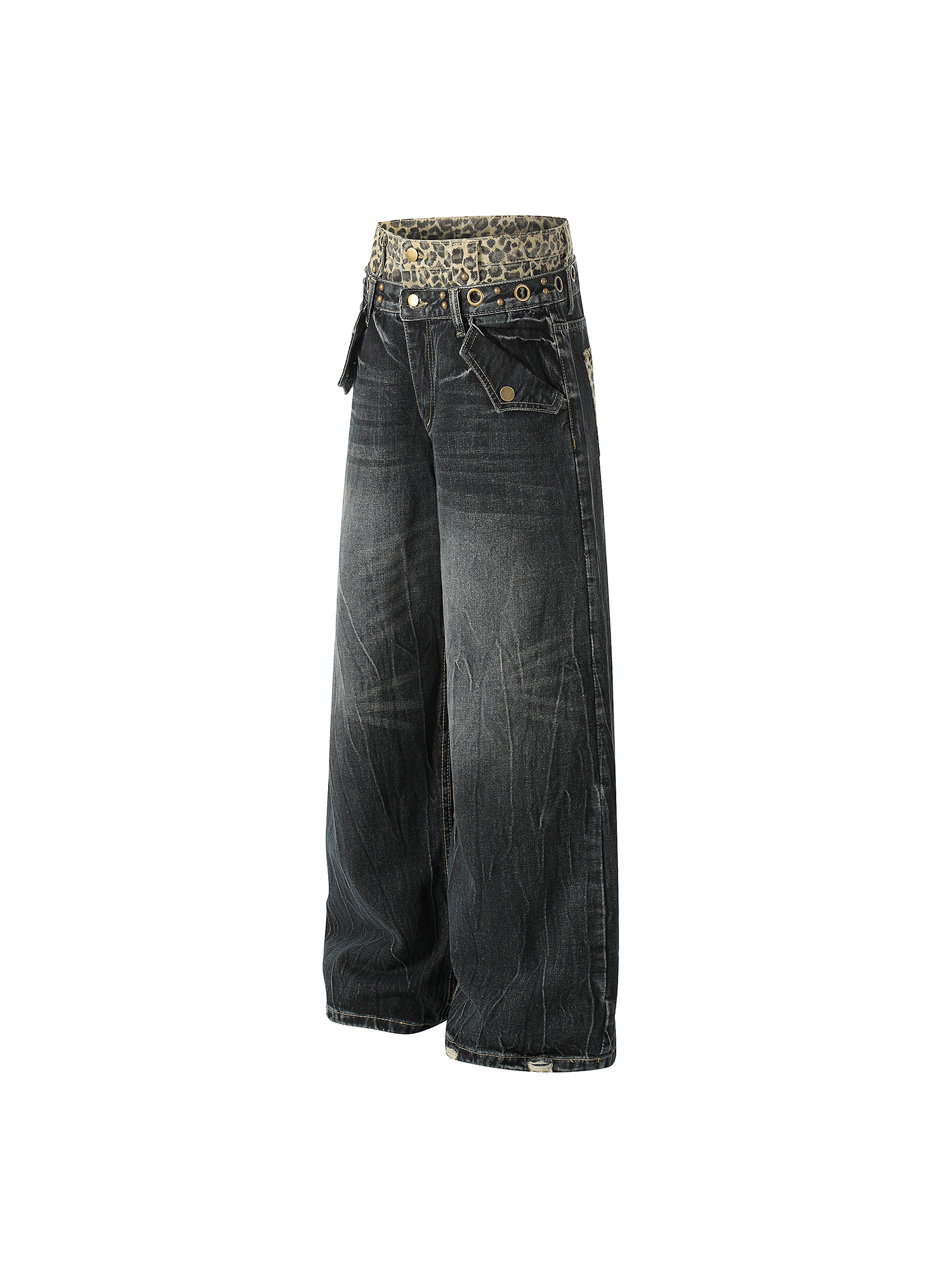 Side profile product shot of dark grey oversized denim trousers showing the voluminous leg shape.