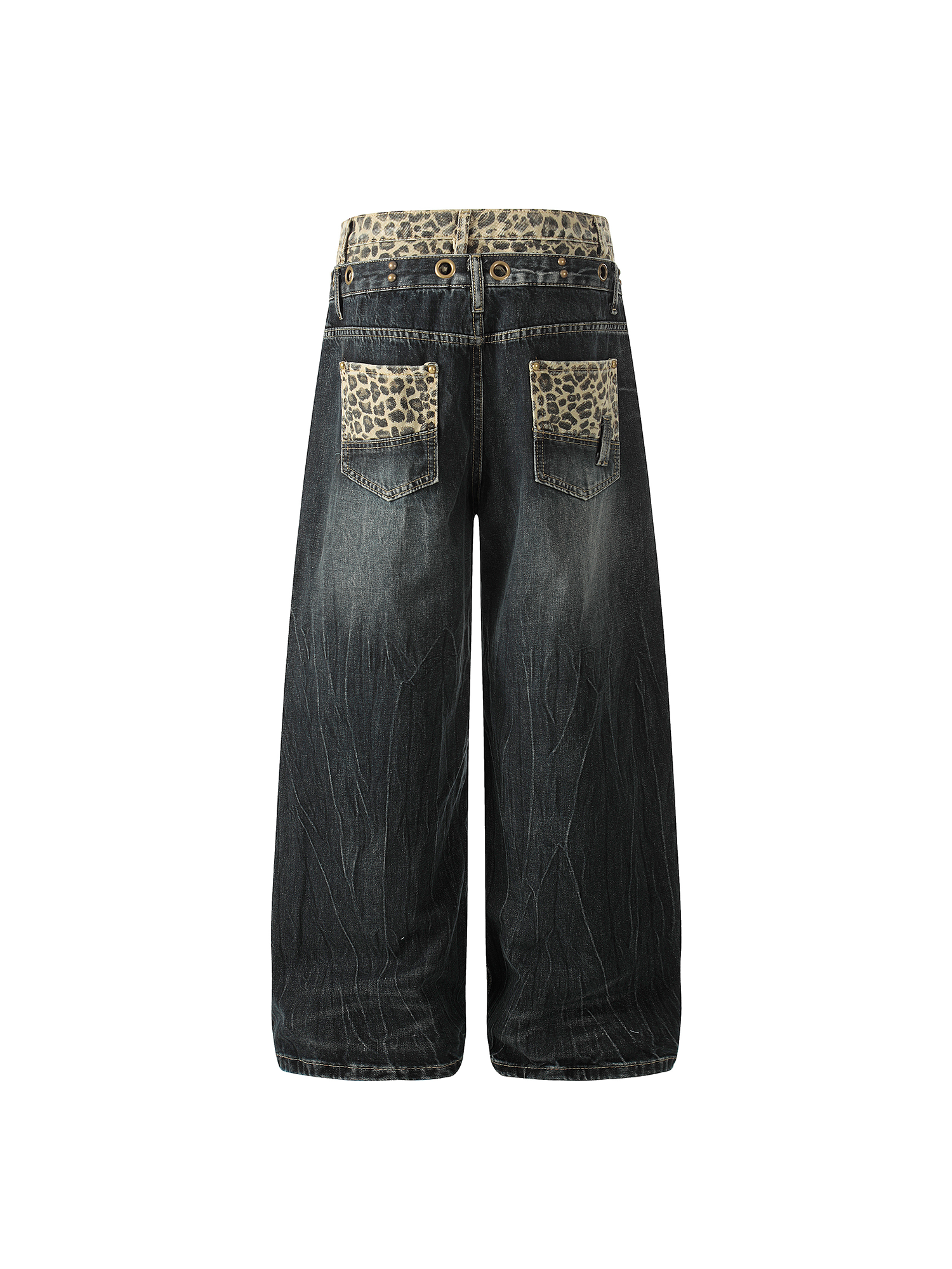 Back product shot of charcoal grey baggy jeans highlighting the contrast pocket stitching and leopard print waist trim.