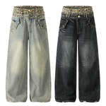 Side-by-side product comparison of light wash and dark charcoal wash oversized baggy denim jeans.