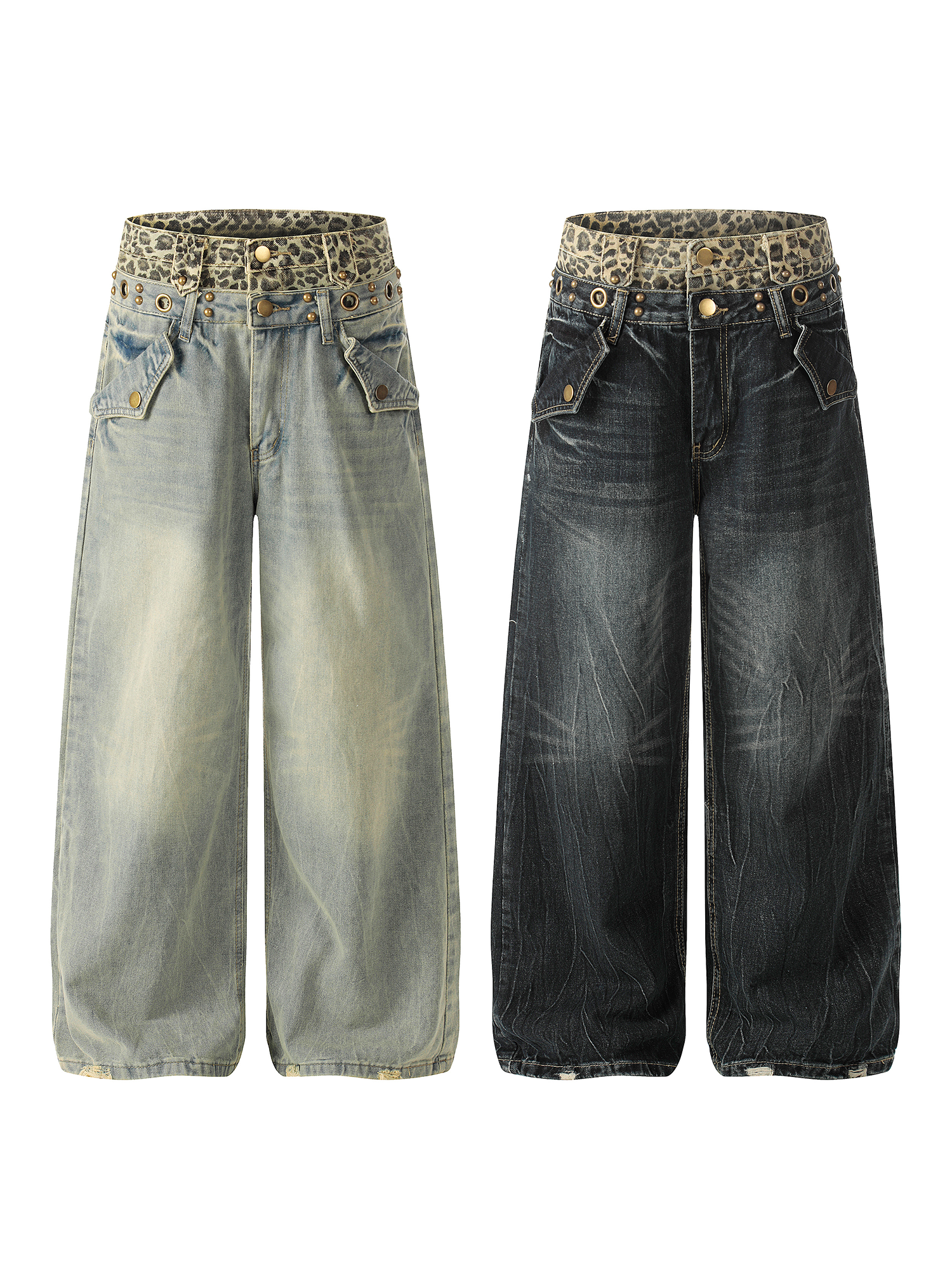 Comparaison côte à côte de jeans en denim oversize et baggy avec un lavage clair et un lavage charbon foncé.