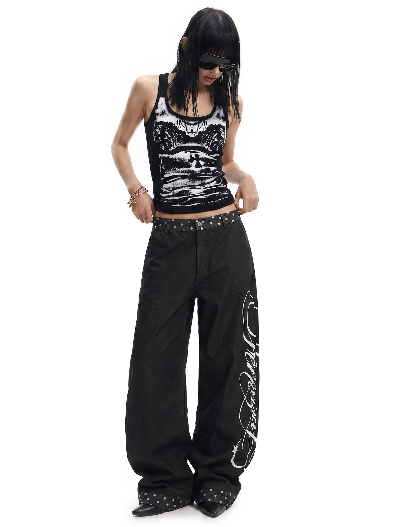 LGB hand graphic タンクトップ Y2K Express Jeans VTG Y2K Grunge Tank Top Womens Large Black Paint