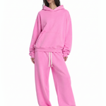 Female model in pink basic hoodie and drawstring joggers set, front view