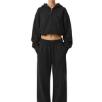 Front view of black cropped zip hoodie and wide leg sweatpants set, high-street industrial fashion style