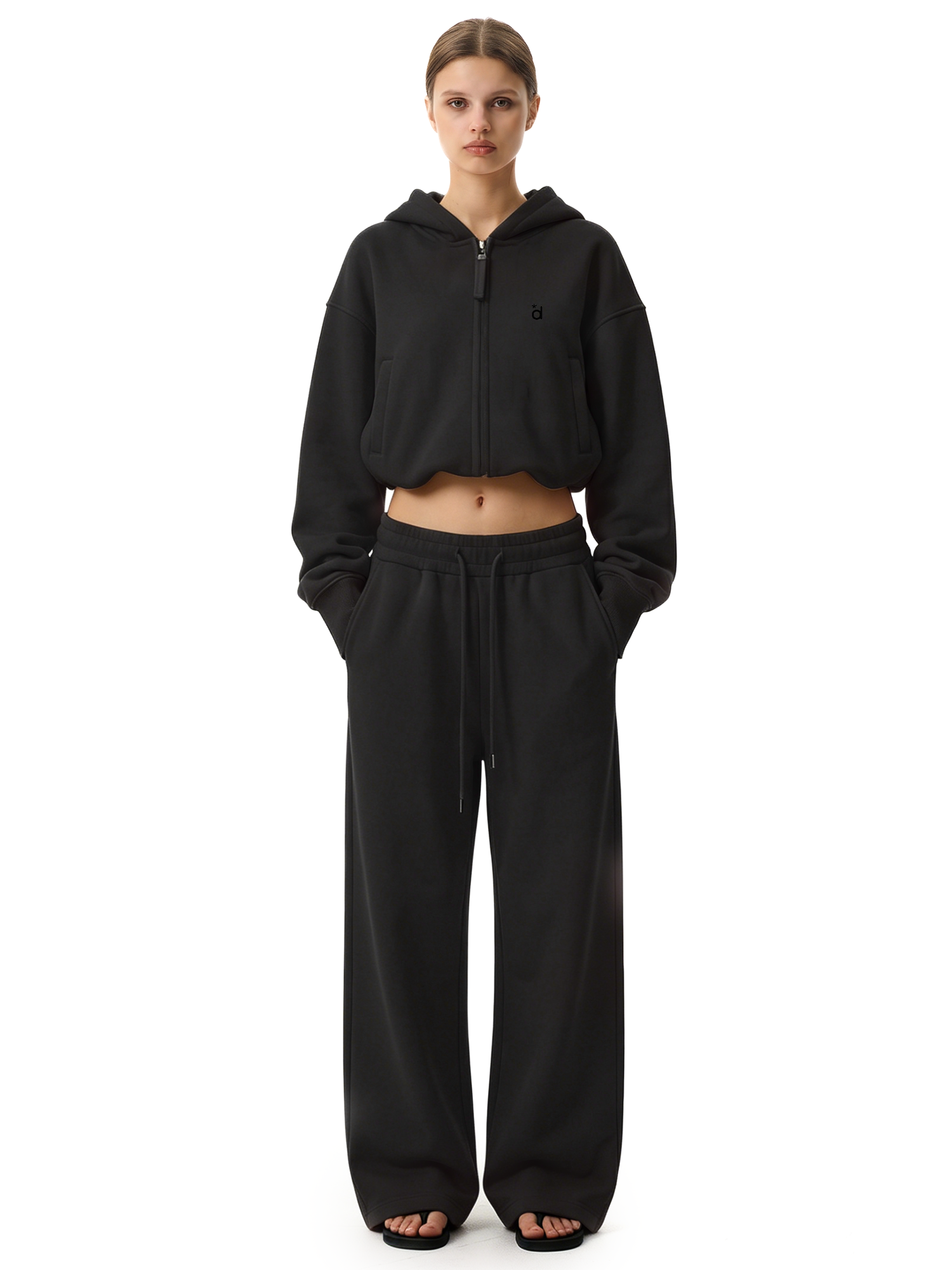 Front view of black cropped zip hoodie and wide leg sweatpants set, high-street industrial fashion style