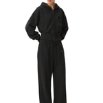 Side view of boxy black cropped hoodie, aesthetic streetwear outfit for women