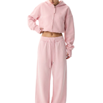 Pink cropped zip up hoodie with matching lounge pants, Cyber Y2K aesthetic clothing