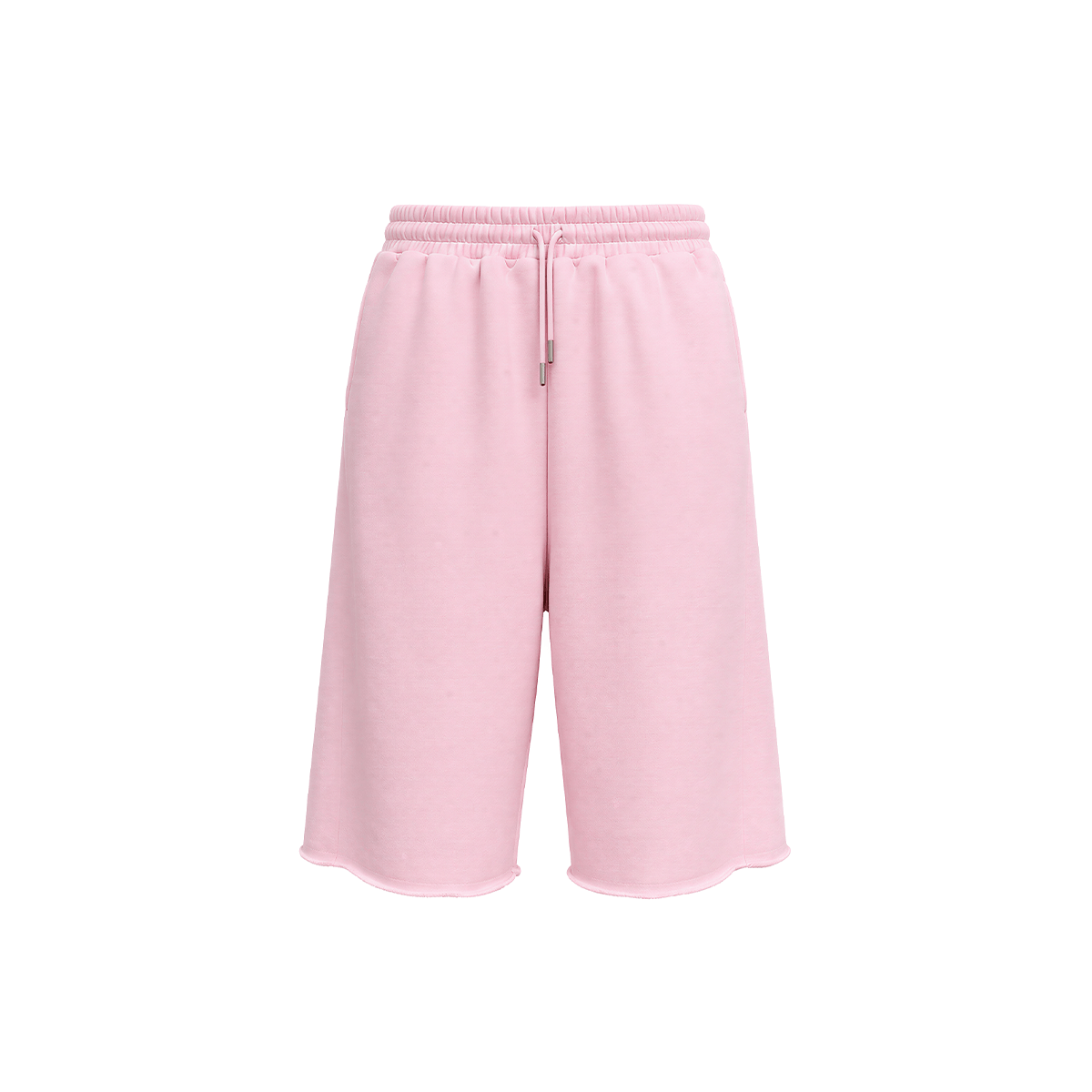 Product shot of light pink high-waisted drawstring loose shorts against a plain white background.