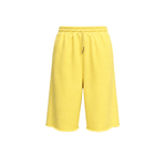 Product shot of bright yellow high-waisted drawstring loose shorts against a plain white background.