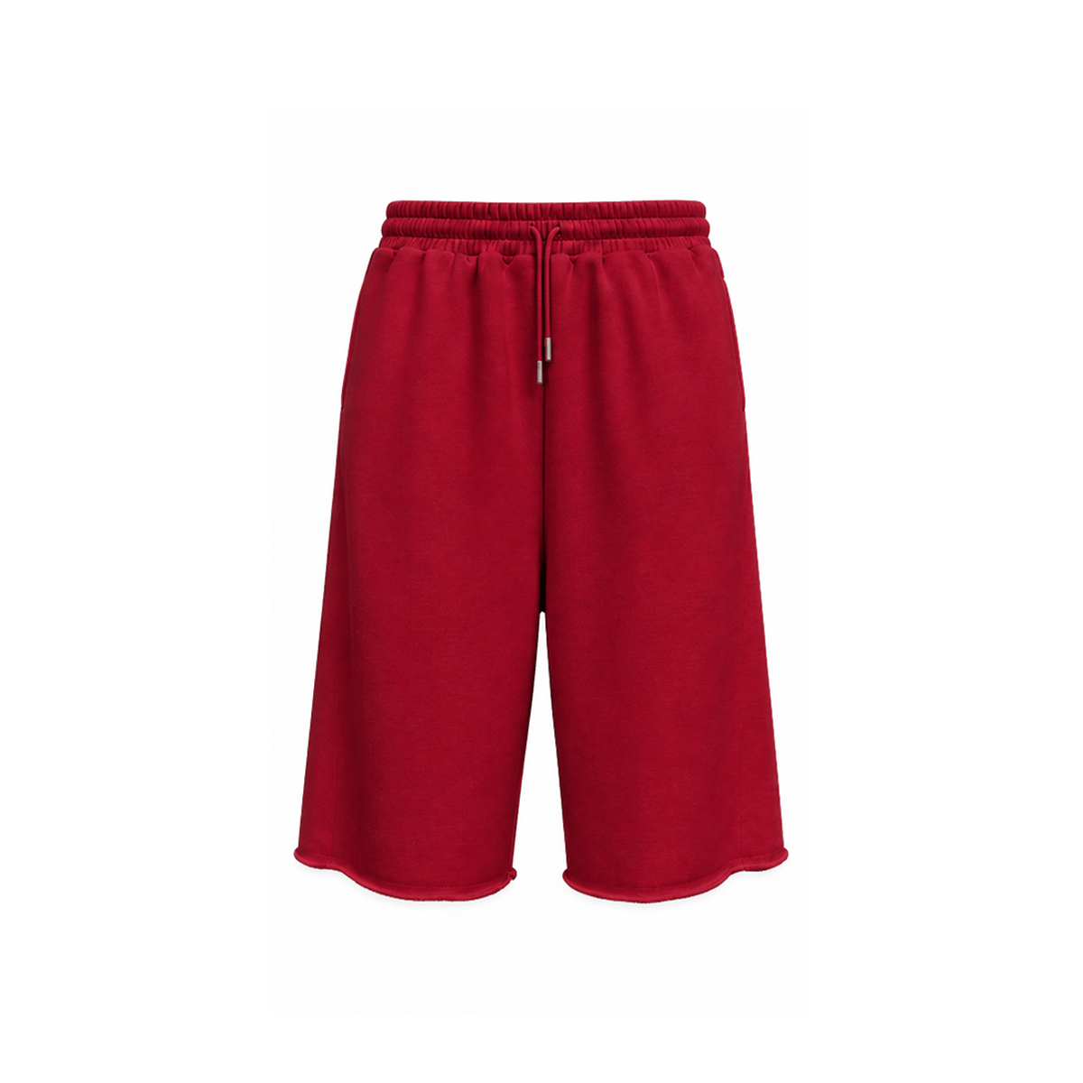 Product shot of dark red high-waisted drawstring loose shorts against a plain white background.