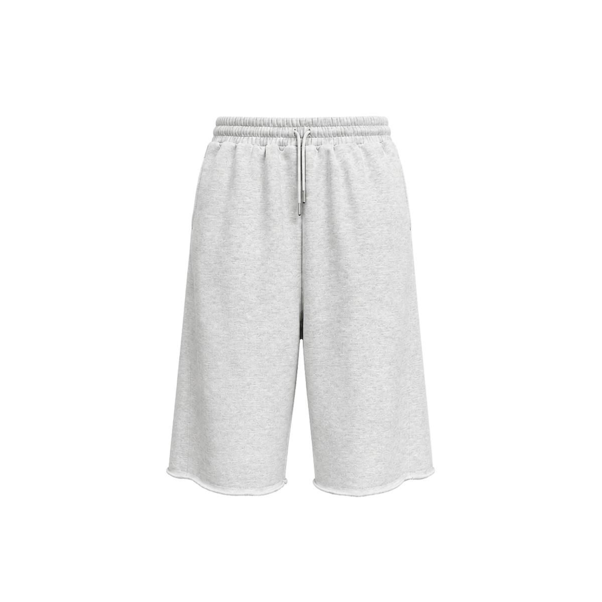 Product shot of light gray high-waisted drawstring loose shorts against a plain white background.