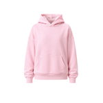 Product shot of a light pink hoodie against a plain white background.