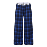 Front view of blue plaid baggy trousers featuring a white industrial logo elastic waistband.