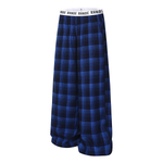 Side profile of blue plaid lounge pants highlighting the extra wide leg cut.