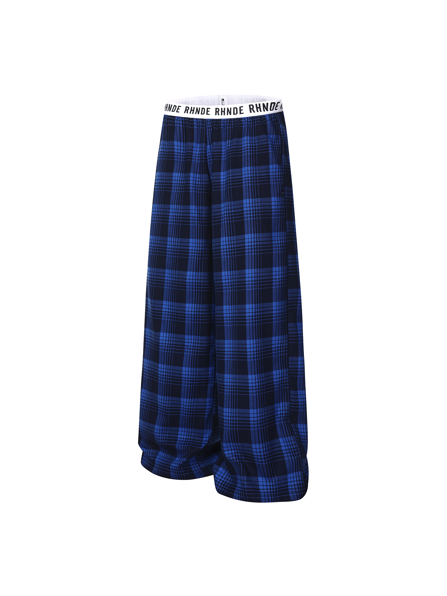 Side profile of blue plaid lounge pants highlighting the extra wide leg cut.