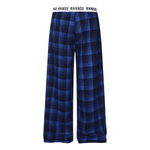 Back view of blue checkered wide-leg pants showing the high-waisted baggy silhouette.