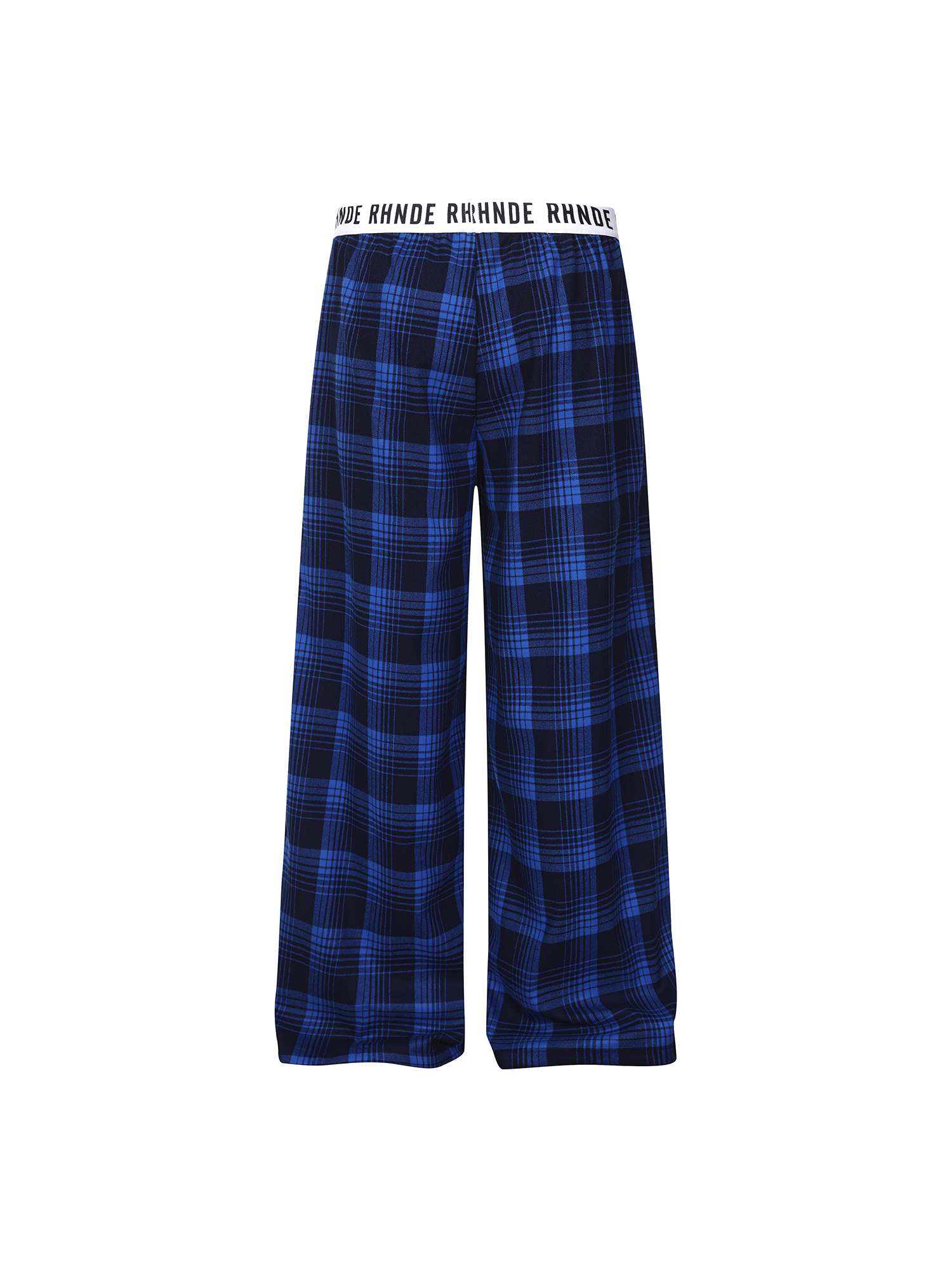 Back view of blue checkered wide-leg pants showing the high-waisted baggy silhouette.