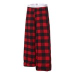 Front and back product shots of red checkered lounge pants with oversized leg opening.