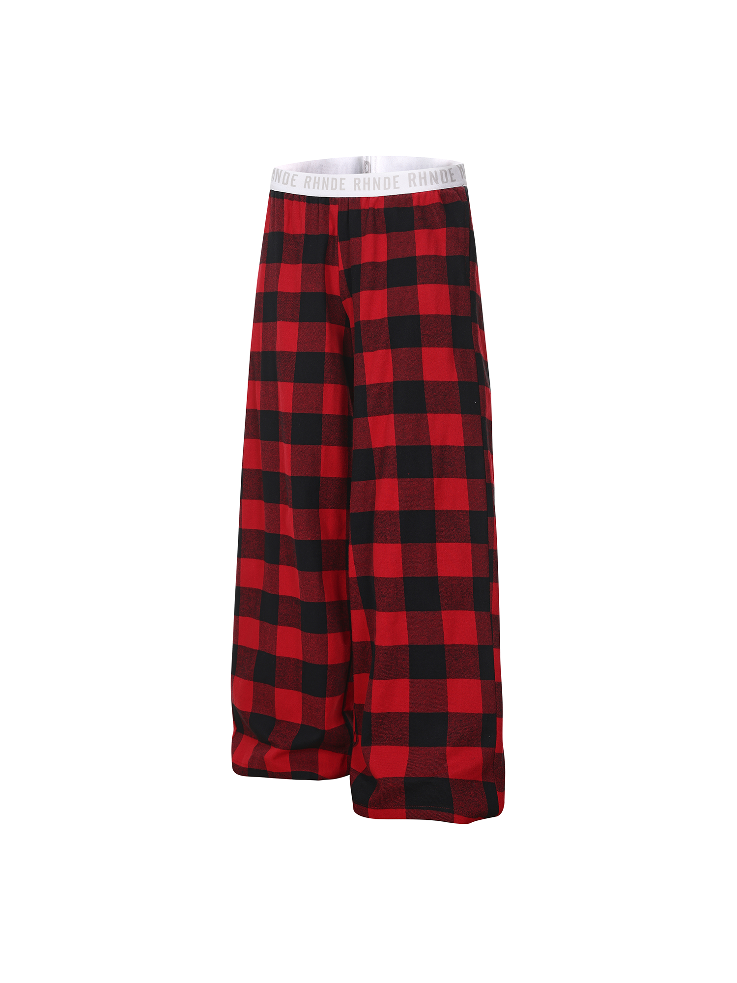Front and back product shots of red checkered lounge pants with oversized leg opening.