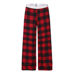Flat lay of red and black plaid baggy pants with signature FDR logo waistband.