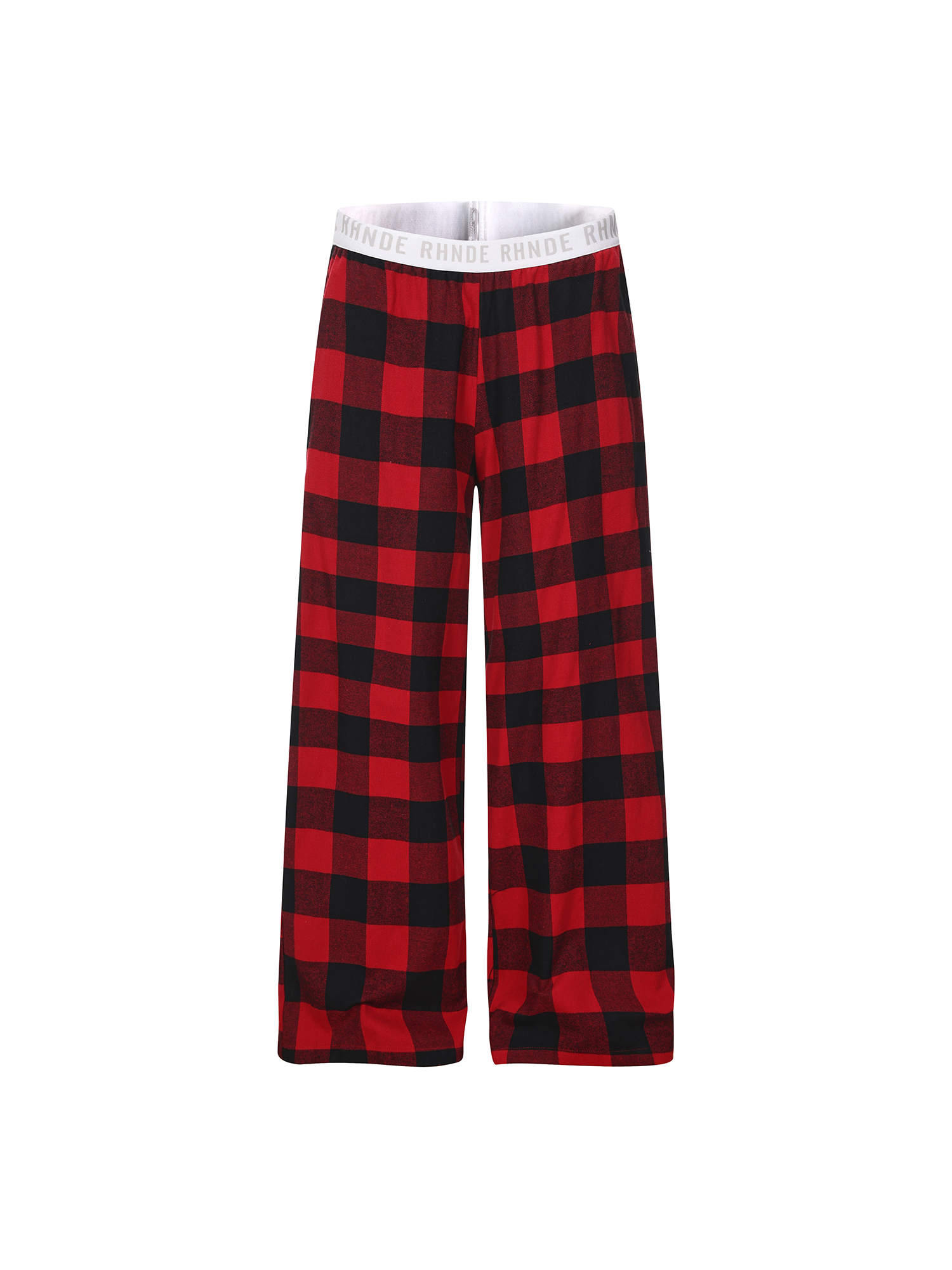 Flat lay of red and black plaid baggy pants with signature FDR logo waistband.