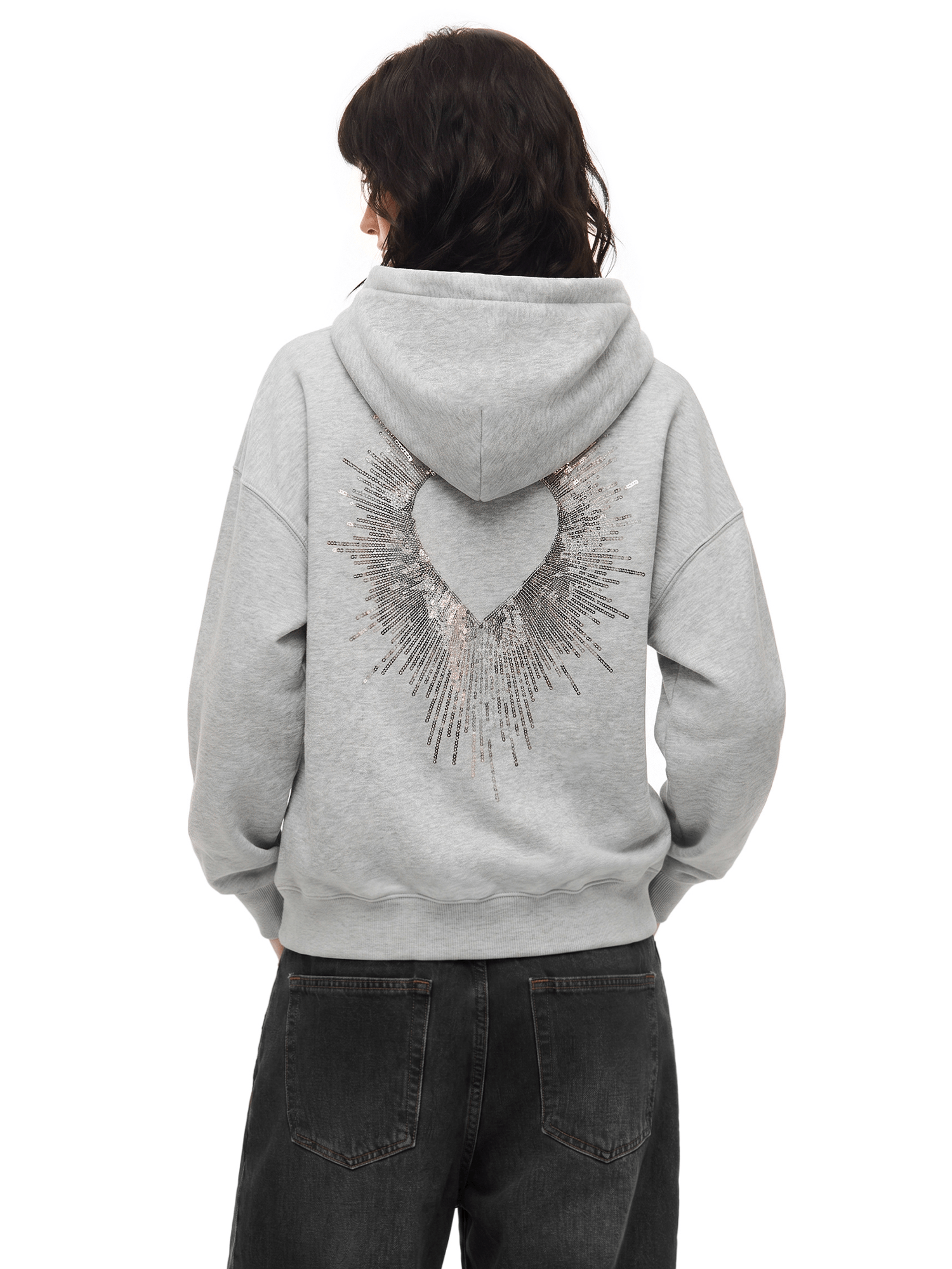 Full length outfit shot of Sparkle Wings Zip Hoodie in Gray - FDR