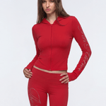 Side angle perspective of Script Slim Crop Hoodie in Black - FDR