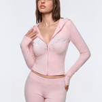 Back view of model wearing Stellar Zip Hoodie / Flare Pants in Pink - FDR