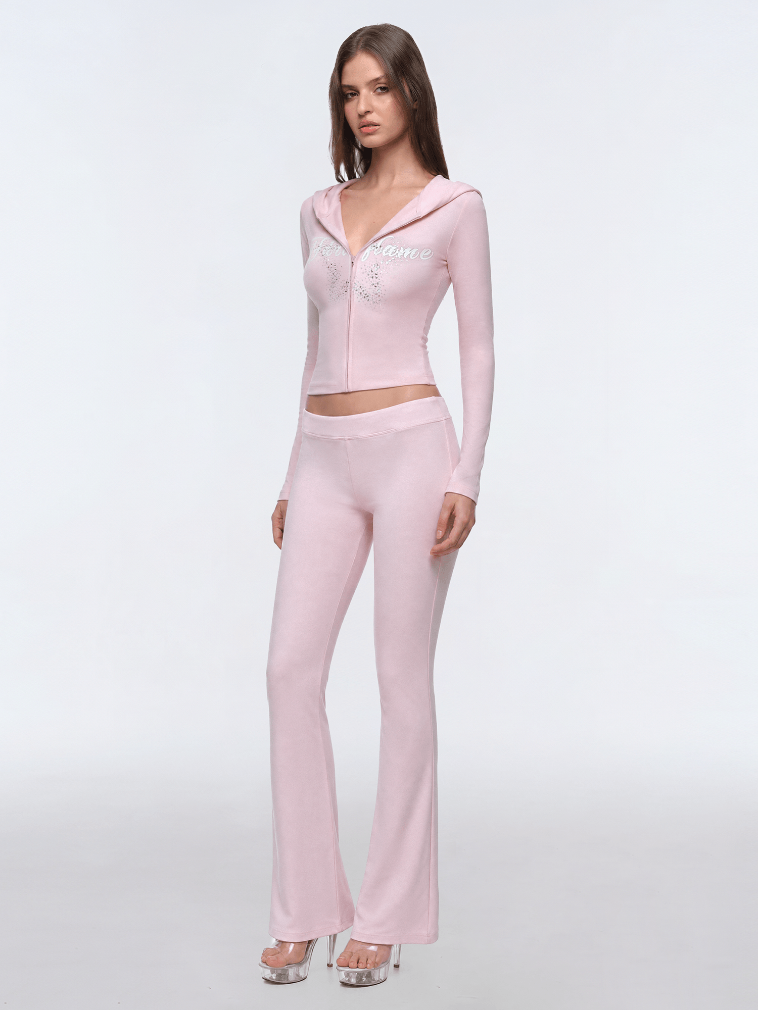 Side angle perspective of Stellar Zip Hoodie / Flare Pants in Pink - FDR