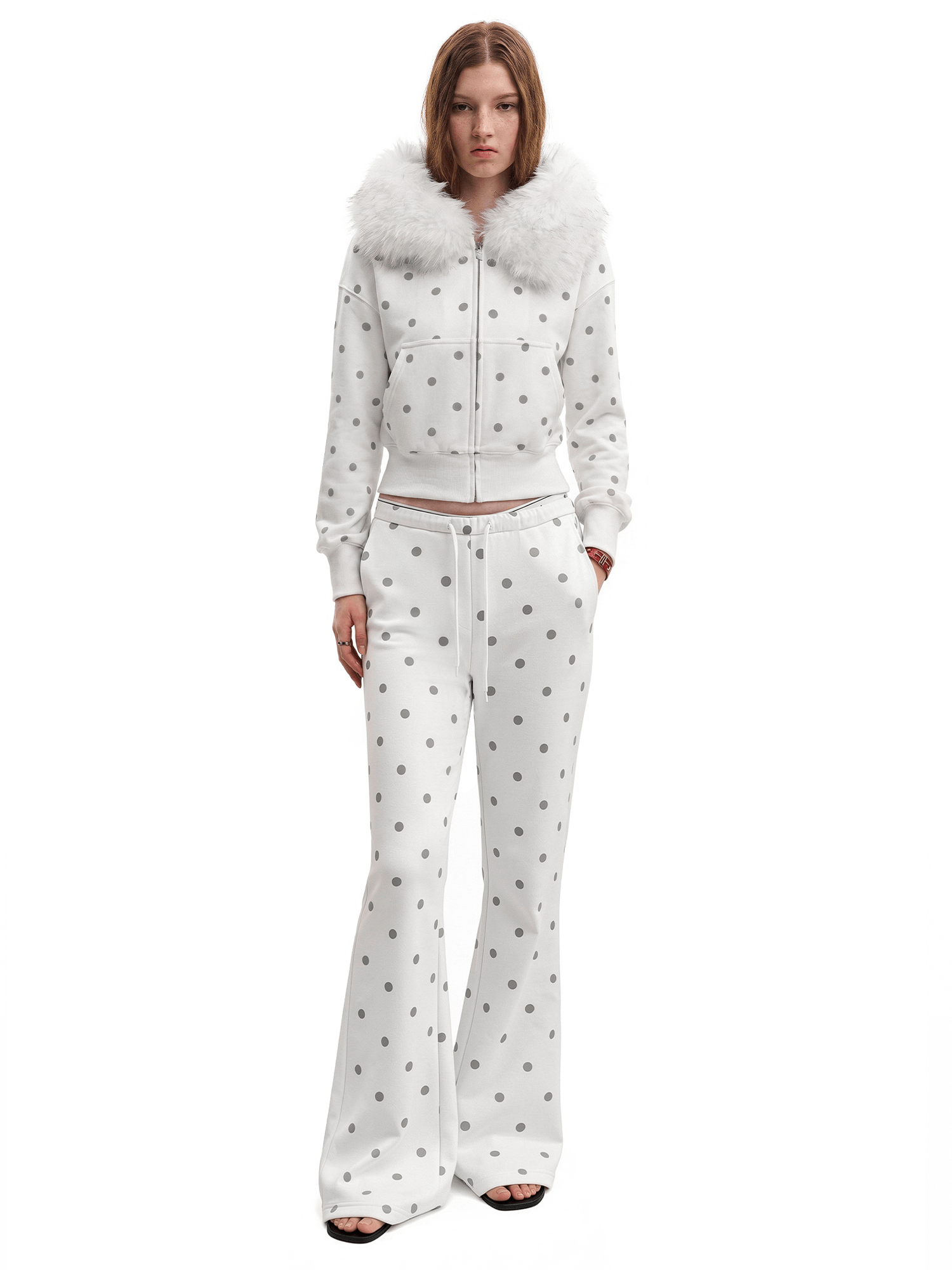 Side angle perspective of Snow Dot Fur Hoodie,Cloud Pants in White Hoodie - FDR