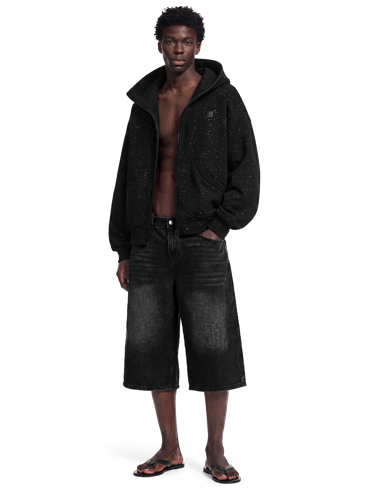 Back view of model wearing Sparkle Glitter Boxy Fit Hoodie in Black - FDR