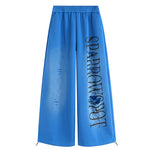 FDR Studios electric blue wide-leg sweatpants with black graphic print, high-street cyber Y2K style.