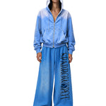 FDR Studios blue gradient oversized hoodie and matching wide-leg pants, gender-neutral techwear aesthetic.
